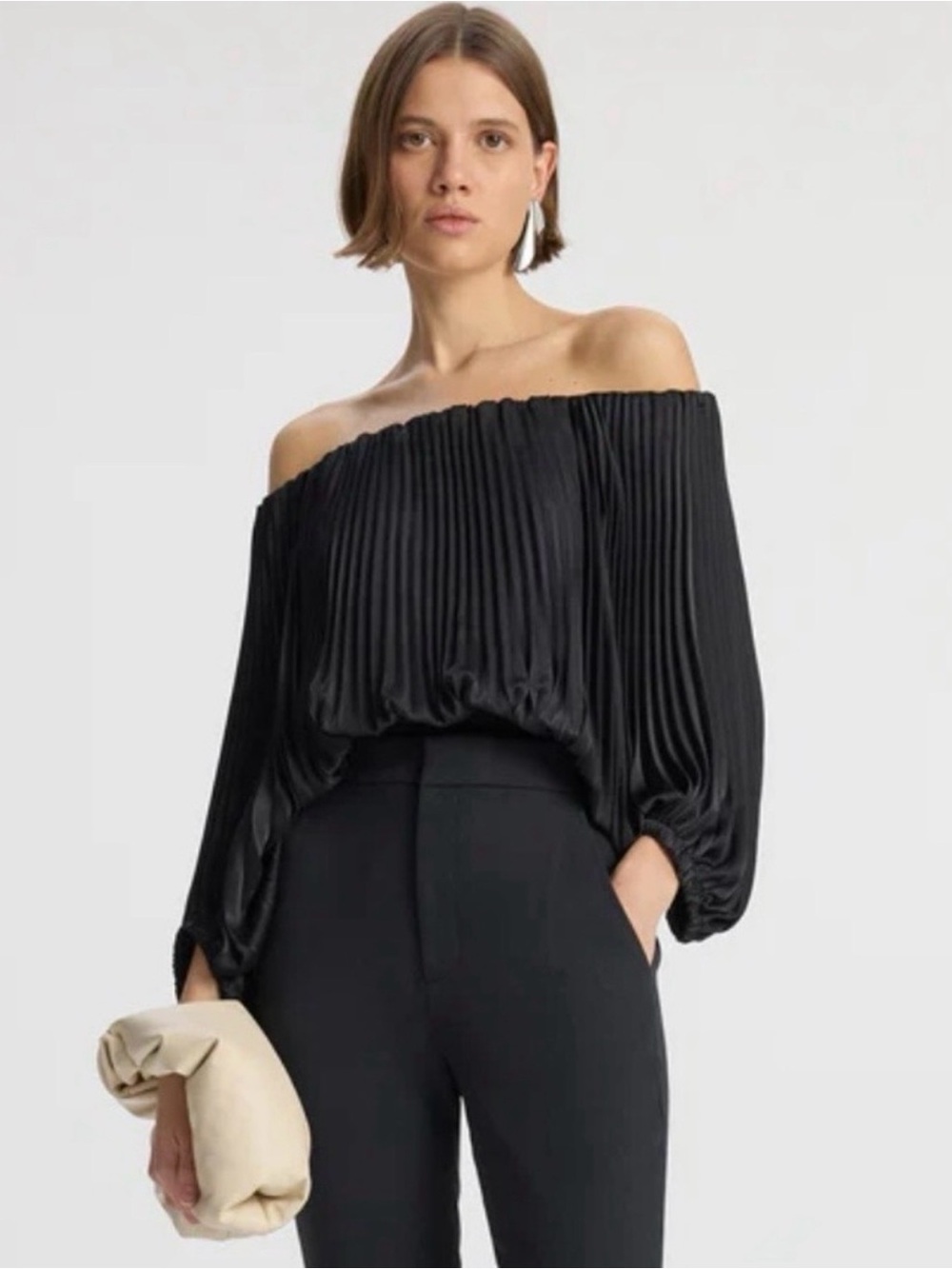 NWT A.L.C $395 Sienna Satin Pleated Off Shoulder Top S Black Cropped 3/4 Sleeves
